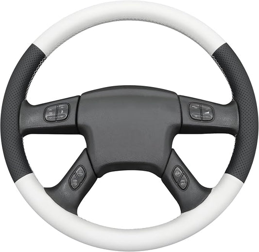 MEWANT Hand-Stitched Steering Wheel Cover for Chevy Silverado 1500 2003-2006 Trailblazer Black White Faux Leather Wrap