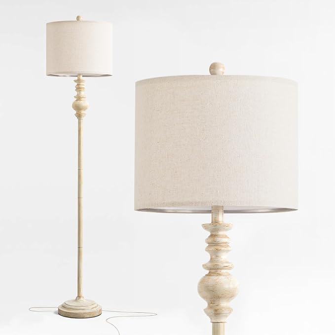 BOBOMOMO 64.25" Farmhouse Floor Lamp for Living Room, Tall Antique White Standing Lamp with Gold Accents, Rotary Switch Reading Lamp for Bedroom & Nursery, Classic Home Decor Corner Lamp