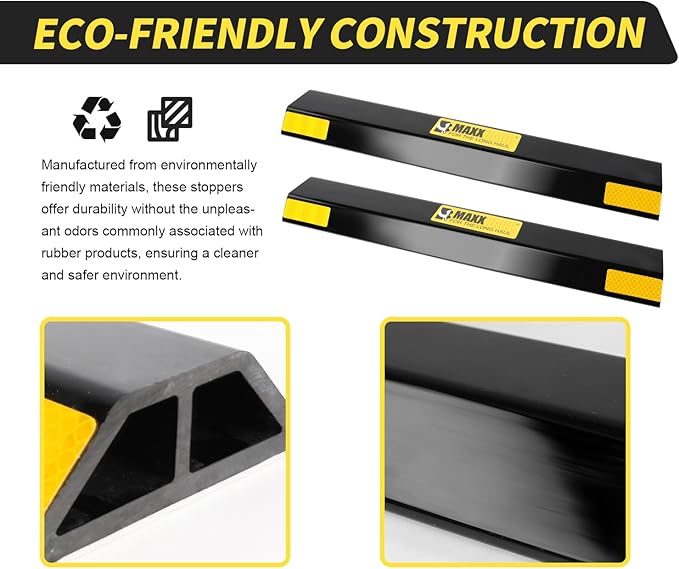 MaxxHaul 51035 18 in. Heavy Duty Car Parking Stoppers 2 Pack Easy Install 18" x 1.25" x 3.5" for Garage and Outdoor Car SUV Truck Eco Friendly Material Reflective Strips