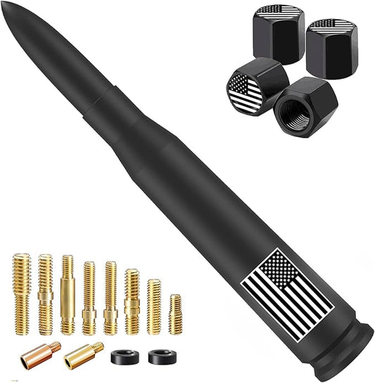 Car Truck Bullet Antenna with Valve Stem Caps-Universal Antenna Mast for GM Silverado 1500 2500 3500 Ford F150 F250 F350 Heavy Duty Pickup Truck Accessories(Matte Black)-America Flag Style