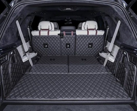 for BMW X7 2+3+2 Seater Trunk Mat Cargo Cover Dog Liner Boot Liner Full Coverage 3D Laser Measured (Trunk Mat+2nd Row Backrest Mat+3rd Row Backrest Mat+Both Sides Panel) (Black/Black