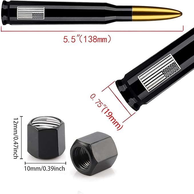 American Flag Car Truck Antenna with Valve Stem Caps, Universal Antenna Mast for GM Chevy Silverado 1500 2500 3500 HD Avalanche Ford F150 F250 F350 Denali Heavy Duty Pickup Trucks Accessories (Gold)
