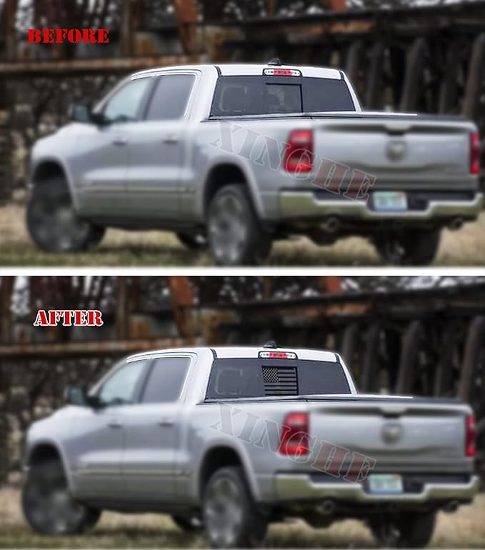 Xinghe for Dodge Ram 2009 to 2024 2025 2026, American Flag Decals Stickers for Truck Back Middle Window, Matte Black USA Flag Decal for Truck Back Sliding Window, Rear Window American Flag Decal