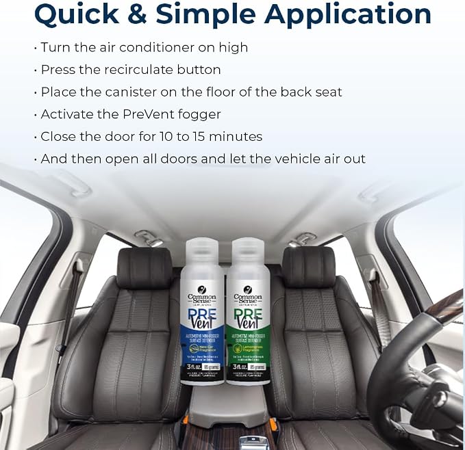 PreVent Car Fogger Deodorizing Air Refresher by Smart Common Sense, Long-Lasting Odor Control Spray for Vehicles, New Car Fragrance, 3 fl. Oz 5-Pack