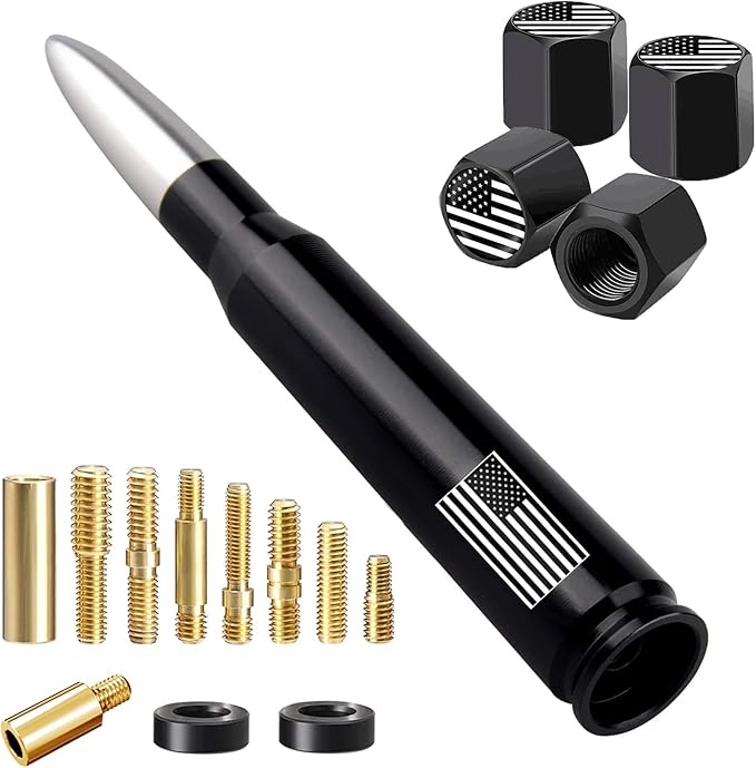 American Flag Car Truck Bullet Antenna with Valve Stem Caps, Universal Mast for GM Chevy Silverado 1500 2500 3500 HD Avalanche Ford F150 F250 F350 Denali Heavy Duty Pickup Trucks Accessories (Silver)