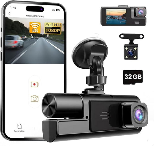 WiFi 1080P 3 Channel Dash Camera for Car Front and Inside Dashcam Car Security Video Recorder,170°Wide Angle Vehicle Cam,WDR,G-Sensor,Loop Recording,Night Vision (WiFi 3Channel Dash Cam With 32G Card)