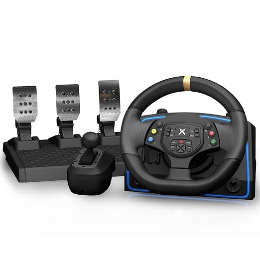 NBCP Gaming Steering Wheel with Pedals and Shifter -1080° Racing Wheel, Sensitivity Adjustment,Angle Locking,Double Vibration, Hall Effect Pedal, 6-Speed H-Pattern Shifter- Steering Wheel for PC, PS3