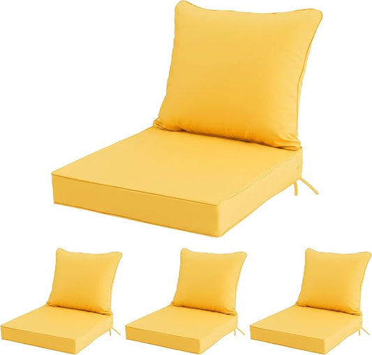 22x22 Inch Patio Chair Cushions Set of 4, Outdoor Furniture Cushions - Removable Cover, Water-Repellent, Fade-Resistant, Non-Slip Bottom & Straps, Replacement for Lawn, Porch & Deck Chair - Yellow