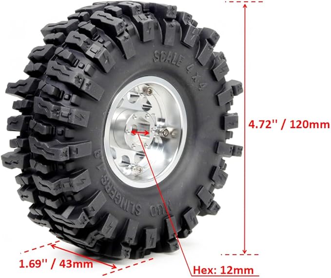 HOBBYSOUL 120mm Tall 1.9 Mud Slingers T8 Tires Tyres Mounted on Aluminum 1.9 Beadlock Wheels for 1/10 RC TRX4 SCX10 Gen8 Upgrades, (4-Pack, HS700570)