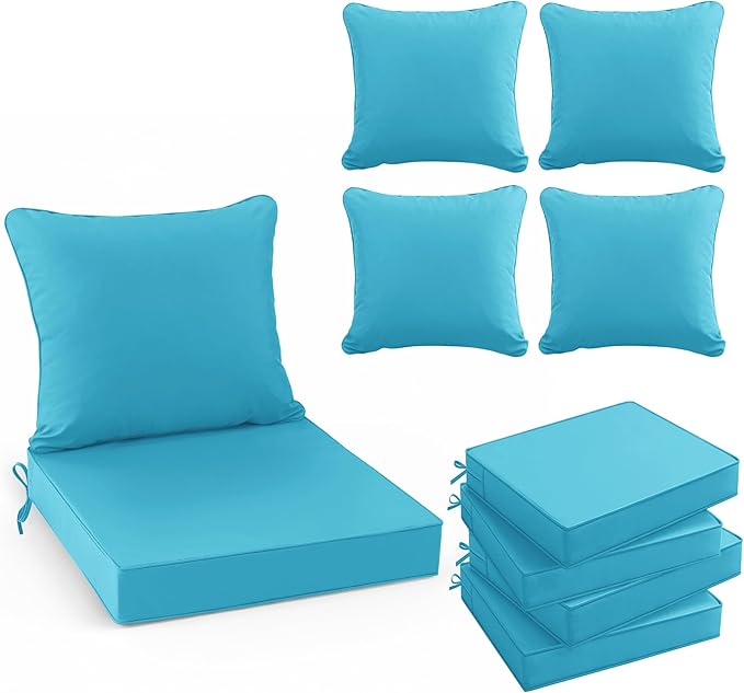 Summsun Waterproof Outdoor Cushions for Patio Furniture, Fade Resistant Backrest and Deep Seat Cushion Set with Removable Cover, 24 x 24 Inch, Teal, Set of 4