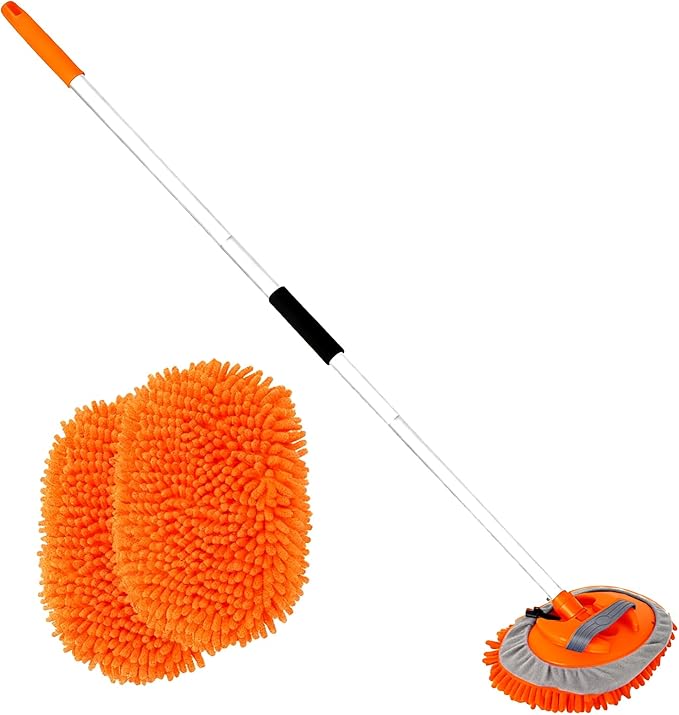 62" Car Wash Brush with Long Handle Car Cleaning Brush Kit Car Cleaning Supplies Kit Car Washing Duster Tools Accessories, 1 Chenille Scratch-Free Replacement Head Aluminum Alloy Pole (Orange)