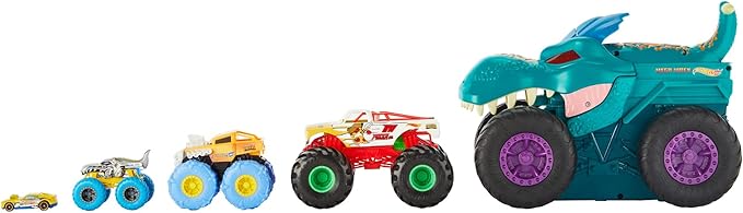 Hot Wheels Monster Trucks Car Chompin' Mega-Wrex, Large Toy Monster Truck & Toy Car, Eats & Poops 1:64 Scale Vehicles, Lights & Sounds