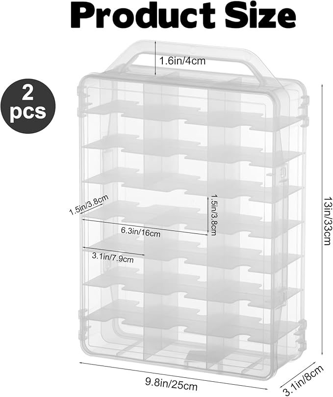 2Pcs Double Sided 1/64 Scale Toy Car Storage Case with Carrying Handle, Portable Transparent Storage Case Compatible with Matchbox Car Hot Wheels, 92 Slot Transparent Organizer for 96 Toy Cars