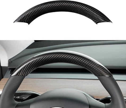 JSWAN Real Carbon Fiber Steering Wheel Cover for Tesla Model 3 2017 to 2023 Model Y 2020 to 2024 Steering Wheel Cover Steering Wheel Wrap Protector Interior Accessories (Bright Black Upper Part)