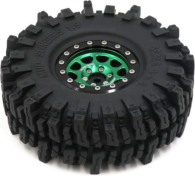HOBBYSOUL RC 1.9 Mud Slingers Tires Soft Sticky Tyre 120mm & 1.9 Beadlock Wheel Green Black For 1/10 Rock Crawler Axial SCX10 Capra Traxxas TRX4 Redcat Gen8, (4-Pack)
