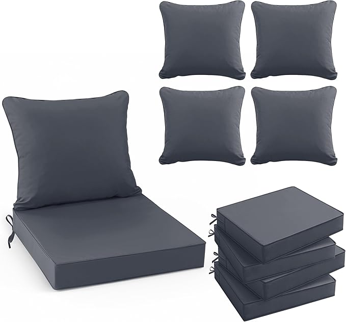 Summsun Patio Chair Cushions Set of 4, Water Resistant Backrest Pillow and Seat Cushion Set for Outdoor Furniture, Sectional Sofa Cushion Replacments, 24 x 24 Inch, Dark Grey