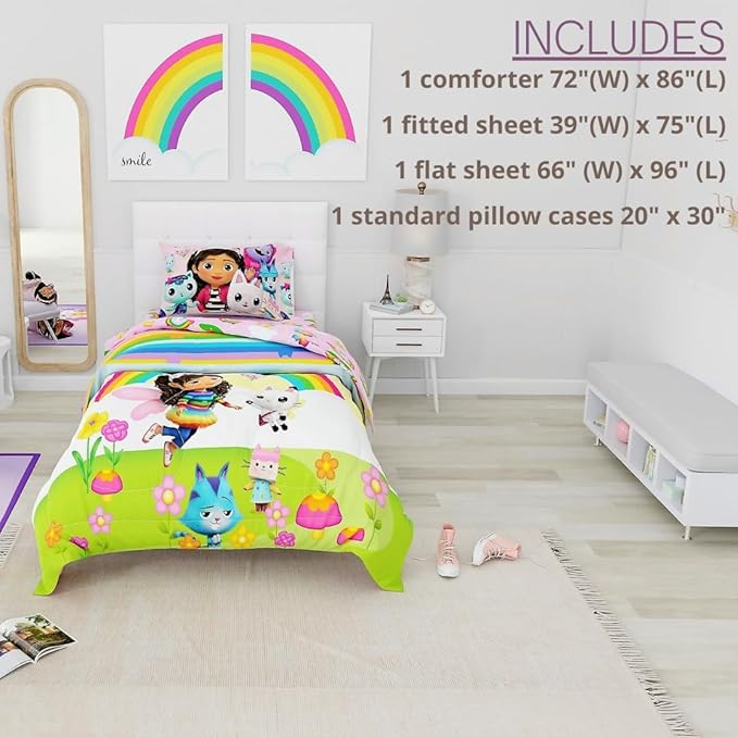 DreamWorks Gabby's Dollhouse Cakey, Mercat and Pandy Kids Bedding Super Soft Comforter and Sheet Set, 4 Piece Twin Size, (Official Licensed Product) by Franco