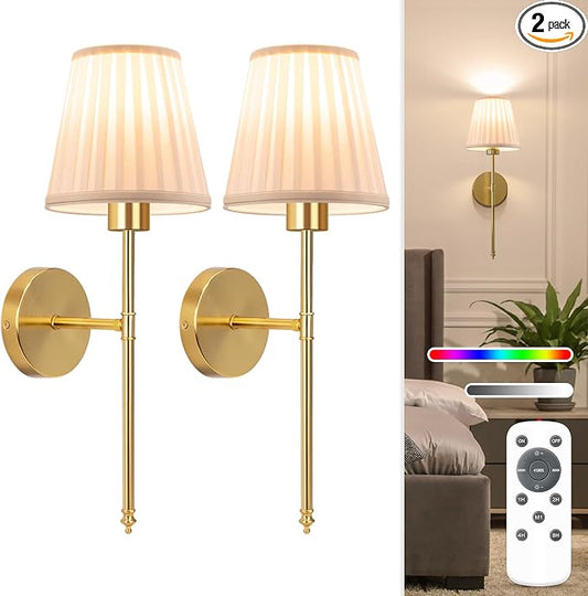 NIORSUN 19.9 inch Battery Operated Wall Sconce Set of 2,Beige Gold Rechargeable Wall Lights with 10400mAh Dimmable Bulbs and Remote, 9 Colors Wireless Wall Lamps for Bedroom Living Room Decor