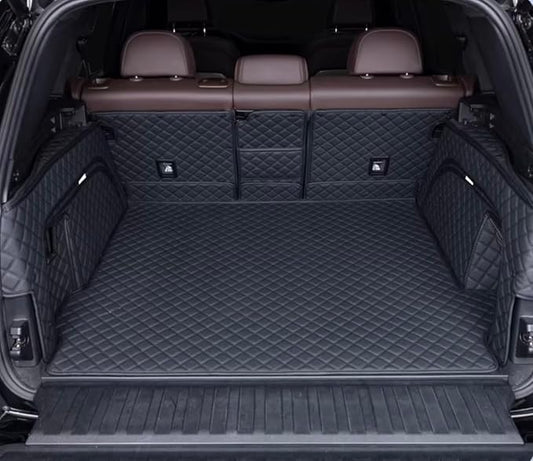 Car Cargo Mat Compatible with B-MW X5 5 Seater 2014-2018 Backrest Mat+Trunk Mat+Hight Side Mat Full Coverage Trunk Liner Luxury Leather-Black with Black Stitching