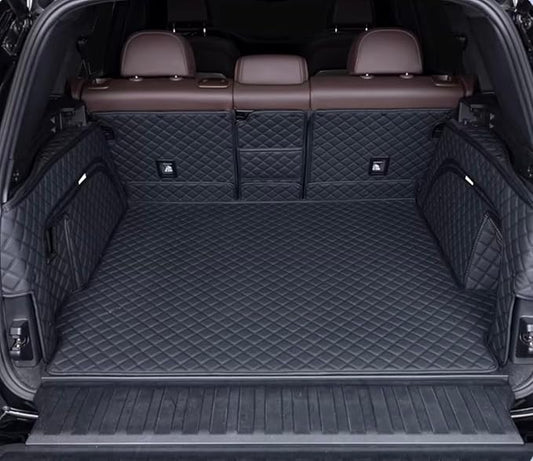 Car Cargo Mat Compatible with BMW-X5 2019-Current Backrest Mat+Trunk Mat+Hight Side Mat Full Coverage Trunk Liner Luxury Leather-Black with Black Stitching
