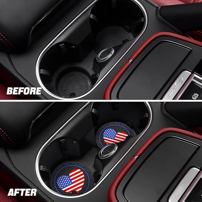 AUCELI 2 Pack Car Cup Holder Coasters, Colored American Flag US Flag Insert Car Cup Coaster, 2.75 Inch Anti Slip Shockproof Embedded Drink Mat, Vehicle Interior Decor Accessories