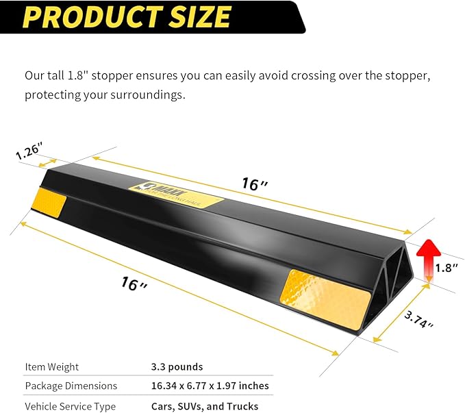 MaxxHaul 51034 16 in. Heavy Duty Car Parking Stoppers 2 Pack Easy Install 16" x 1.8" x 3.8" for Garage and Outdoor Car SUV Truck Eco Friendly Material Reflective Strips