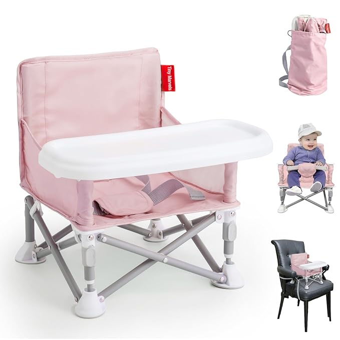 Tiny Marvels Portable Booster Seat, Foldable Baby High Chair with Removable Tray, Safety Harness & Carry Bag – for Toddlers Ages 6M-3Y, Ideal for Dining, Travel, Camping & Family Time