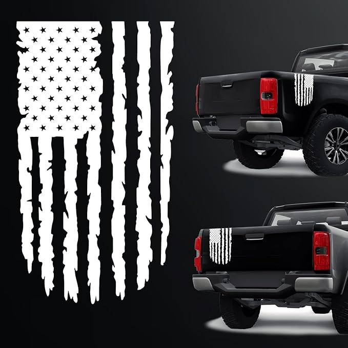 GRITKULTURE Distressed American Flag Vinyl Decal 17 inches by 9 inches for Trucks, Cars, and Windows Compatible with Most Pickup- Rear Graphic USA, US Flag Car Sticker (White)
