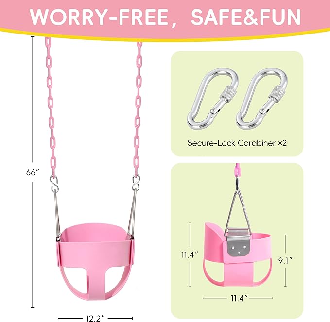 Take Me Away Pink Swing Seat - Heavy Duty High Back Full Bucket Toddler Swing Seat Chain Plastic Coated Baby Swing Outdoor - Playground Swing Set Accessories Replacement
