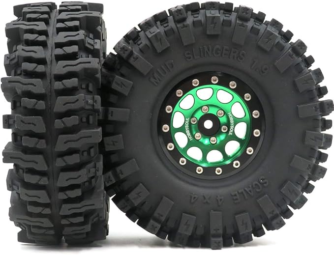 HOBBYSOUL RC 1.9 Mud Slingers Tires Soft Sticky Tyre 120mm & 1.9 Beadlock Wheel Green Black For 1/10 Rock Crawler Axial SCX10 Capra Traxxas TRX4 Redcat Gen8, (4-Pack)