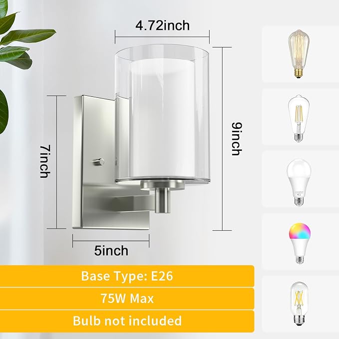 Kalium Wall Sconces Set of Two Modern Vanity Lights with Double Clear Glass Shade Brushed Nickel Indoor Farmhouse Wall Light for Bathroom Living Room Bedroom Mirror Hallway Bulb E26 Base (2PCS)