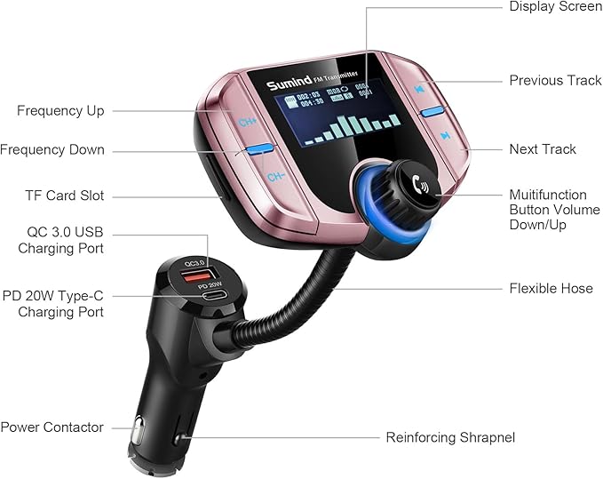 Sumind 2026 Upgraded Wireless Bluetooth Car Adapter FM Transmitter, 1.7'' LCD Display, Flexible Gooseneck, 20W QC3.0&Dual USB Ports, AUX Input/Output for Hands-Free Call, Micro/TF Card(Rose,PD)