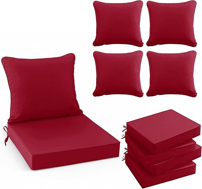 Summsun Outdoor Chair Cushions Set of 4, Waterproof Back Pillow and Seat Cushion Set for Patio Furniture, Outdoor Sofa Replacement Cushions with Removable Cover, 22 x 22 Inch, Red