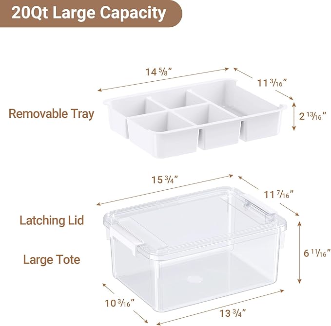 20Qt Stackable Storage Bin with Lid & Tray, Clear Plastic Latching Box Organizer with Divider Portable 5Gal Container for Arts & Crafts, Home and Car Trunk Organization, 1Pack
