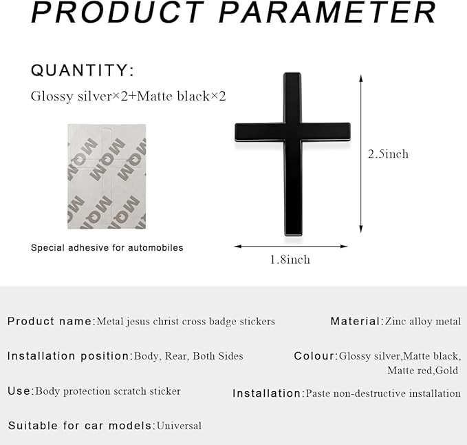 DXNQ 4PCS Metal Jesus Christ Cross Badge Stickers, 2.5"×1.8" Alloy 3D Individual Car Cross Sticker, Self Adhesive Scratch Covering Cross Emblem Decal for Car Body Fender Tail (Silver+Black)