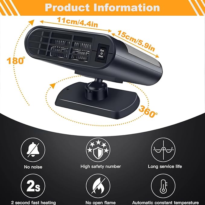 Car Heaters for Vehicle,12V Car Heater Portable Car Heater that Plugs into Cigartte Lighter,360° Rotatable Fast Heating Windshield Defroster,2-in-1 Fast Heating & Cooling (Grey)