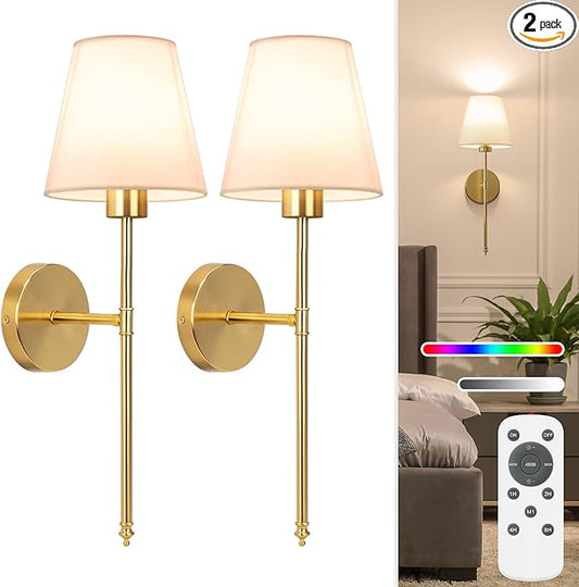 NIORSUN 19.9 inch Battery Operated Wall Sconce Set of 2,Gold Rechargeable Wall Lights with 10400mAh Dimmable Detachable Bulbs and Remote,10 Colors Wireless Sconces for Bedroom Living Room Hallway