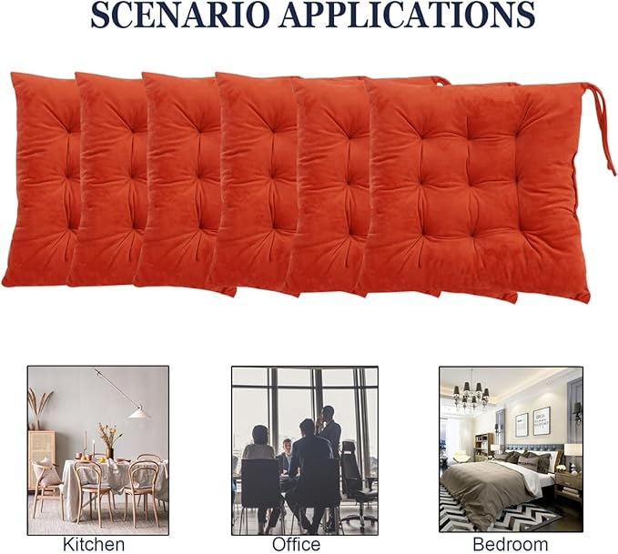 6 Pack Square Seat Cushion Chair Pads for Kitchen Dining Chairs, Soft Comfort Velvet Chair Mat Pillow Cushions with Ties for Office Desk Living Room Tatami 15.5", Orange