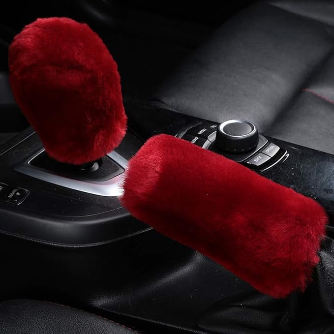 3Pcs/Set Pure Wool Fur Furry Steering Wheel Cover, Soft Fluffy Handbrake Cover Gear Shift Cover for Women Car SUV Truck Australia Sheepskin Accessories