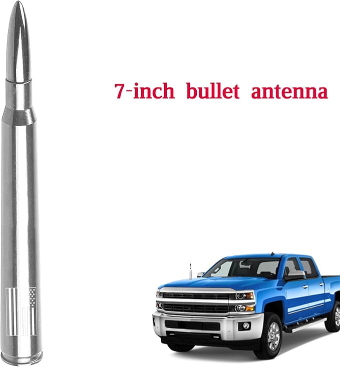 Truck Bullet Antenna with Valve Stem Caps for GM Chevy Silverado 1500 2500 3500 HD Avalanche Ford F Series F150 F250 GMC Sierra 1500 2500 3500 Denali Heavy Truck Accessories (Chrome)- 7inch