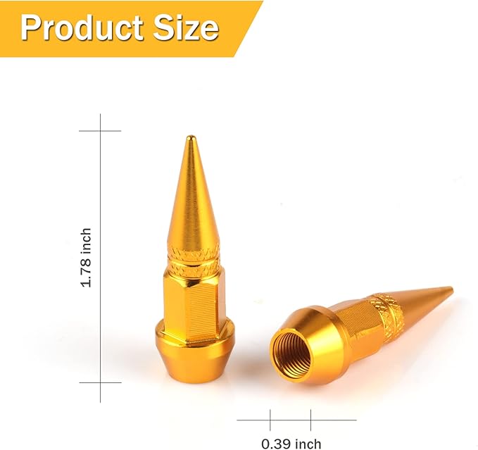SINGARO 45mm Spiked Aluminum Stem Valve Caps,4PCS Dustproof Tire Wheel Stem Caps for Cars,SUVs,Trucks Bicycles and Motorcycles(Gold)