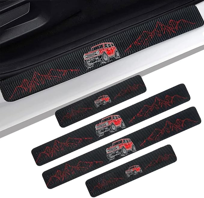 4PCS Carbon Fiber Door Sill Protectors Front/Rear Anti-Scratch Entry Guard (Door-red2)
