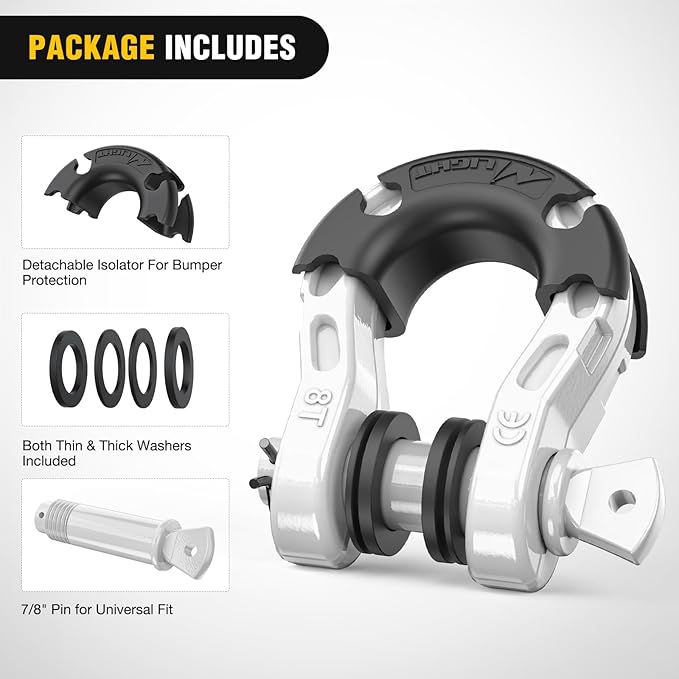 Nilight Heavy Duty Mega D-Ring Shackles(2 Pack) w/ 7/8″ Screw Pin & isolators, 68,000 lb Break Strength(17,000 lb WLL), Forged Steel Off-Road Recovery Shackles for Tow Strap & Winch Gear, White