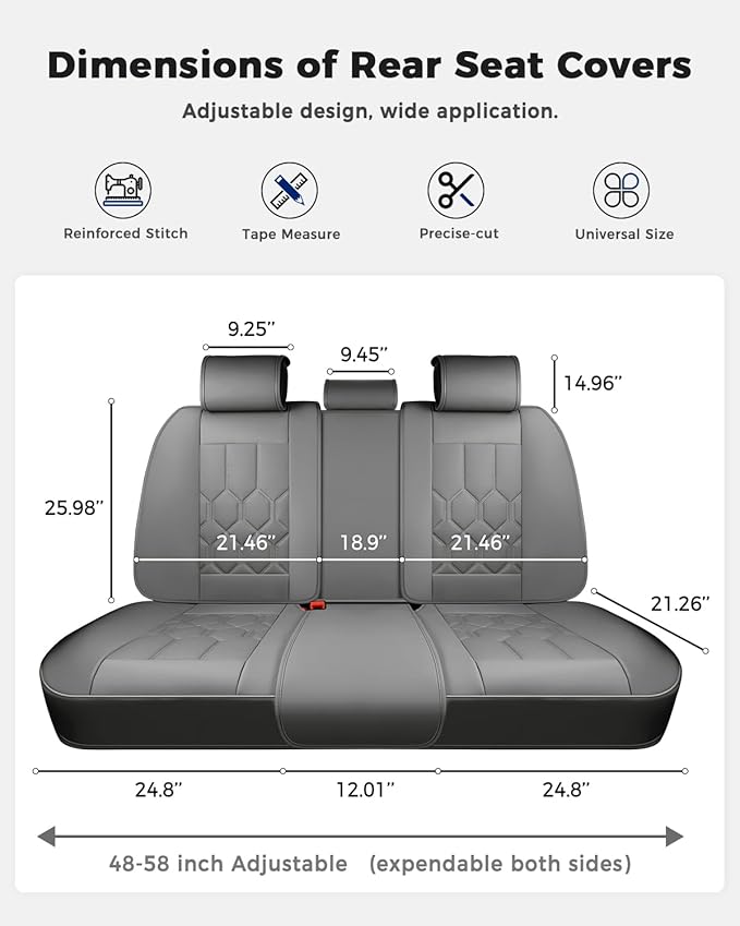 Huidasource Seat Covers Full Set, Universal Fit for Most Cars SUVs Trucks, Full Coverage Waterproof Leather Car Seat Cover, Airbag, Cupholder Compatible, Seat Function Retain, Velcro Adjustable, Gray