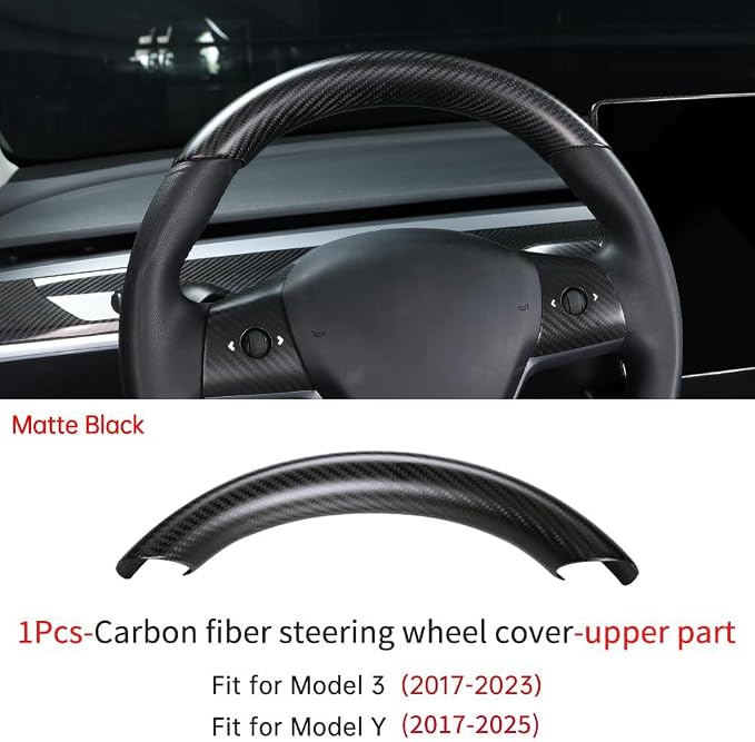 JSWAN Real Carbon Fiber Steering Wheel Cover for Tesla Model 3 2017 to 2023 Model Y 2020 to 2024 Steering Wheel Trim Cover Steering Wheel Wrap Protector Interior Accessories (Matte Black Upper Part)