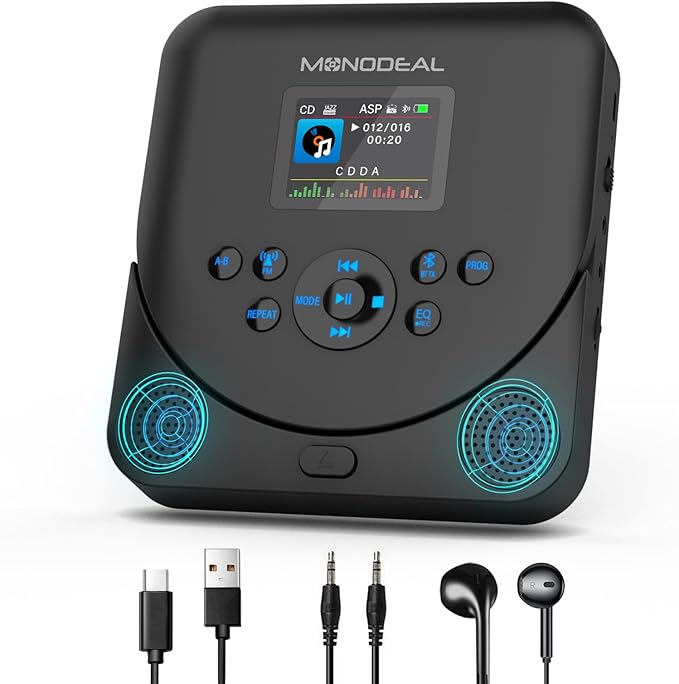 CD Player Portable,MONODEAL Bluetooth CD Player with Speakers and FM Transmitter,Support TF Card,Rechargeable Player for Car/Home with 2.0“ TFT Screen