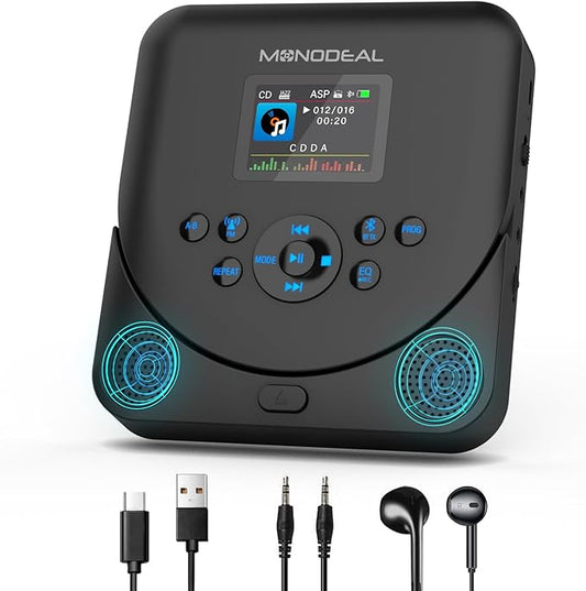 CD Player Portable,MONODEAL Bluetooth CD Player with Speakers and FM Transmitter,Support TF Card,Rechargeable Player for Car/Home with 2.0“ TFT Screen