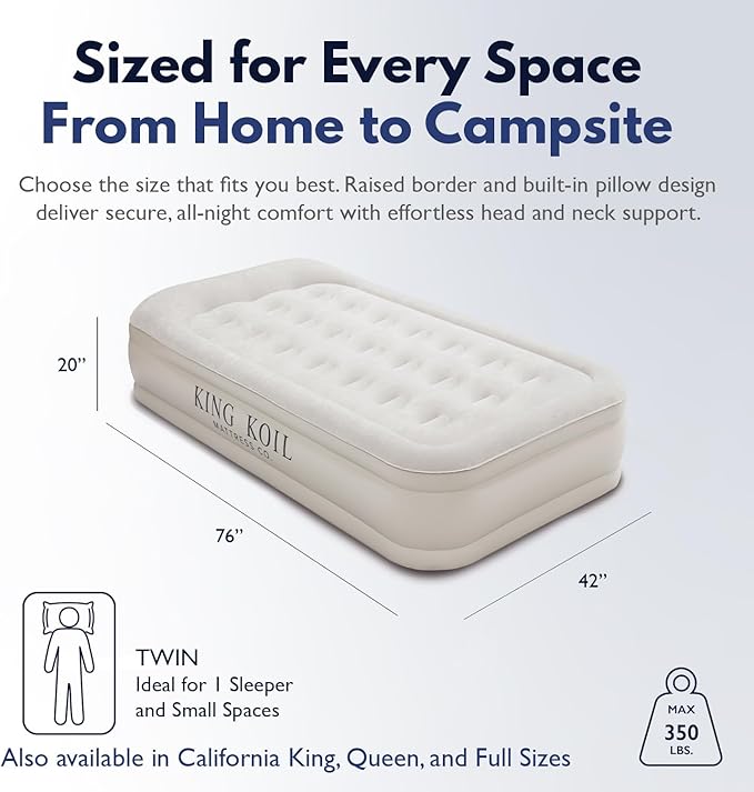 King Koil Plush Pillow Top Twin Air Mattress with Built-in High-Speed Pump for Camping, Home & Guests - 20” Twin Size Airbed Luxury Inflatable Blow Up Mattress, Waterproof, 1-Year Warranty
