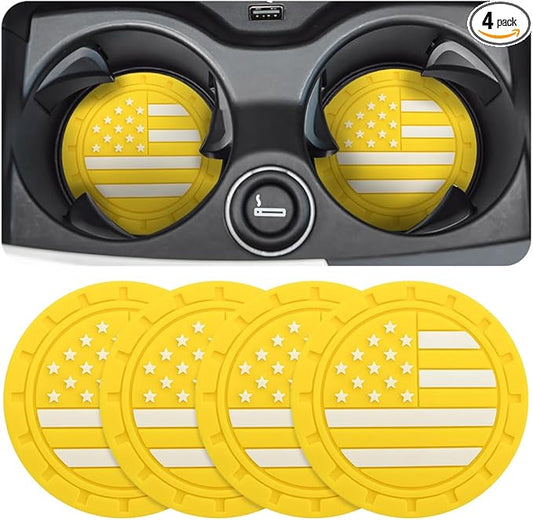 Osilly Car Cup Holder Coasters, 4 Pack American Flag Insert Car Cup Coaster, 2.75 Inch PVC Anti Slip Shockproof Embedded Drink Mat, Car Interior Decoration Accessories for SUV, Truck(Yellow)