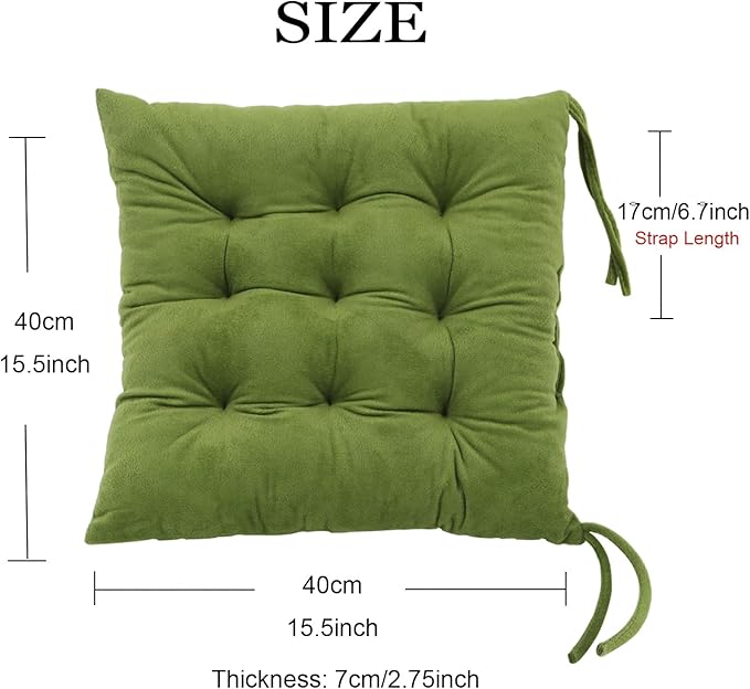 6 Pack Square Seat Cushion Chair Pads for Kitchen Dining Chairs, Soft Comfort Velvet Chair Mat Pillow Cushions with Ties for Office Desk Living Room Tatami 15.5", Green